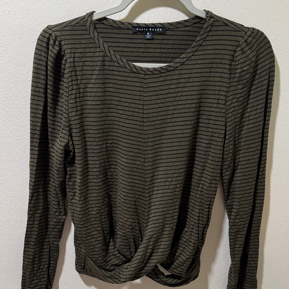 Haute Monde Olive & Black Striped Twist-Hem Long Sleeve Top